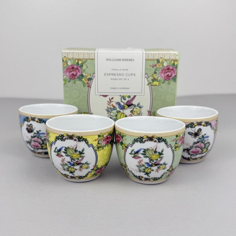 Williams Sonoma Famille Rose Espresso Cups Mixed Set Of 4 Pink Green Floral NIB